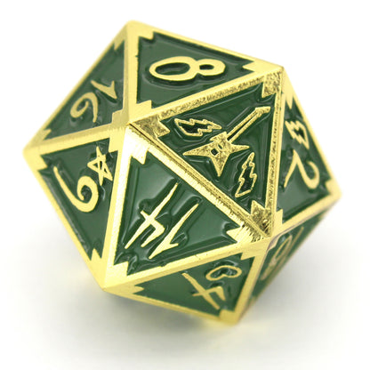 S8yr Boi is an 8-piece Dice Envy Original set in gold metal and green enamel, embellished with guitars and punk notebook marginalia.