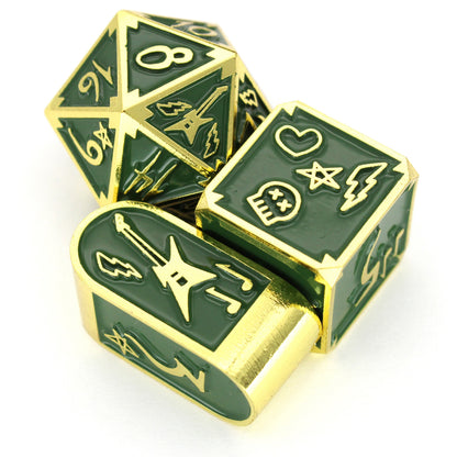 S8yr Boi is an 8-piece Dice Envy Original set in gold metal and green enamel, embellished with guitars and punk notebook marginalia.