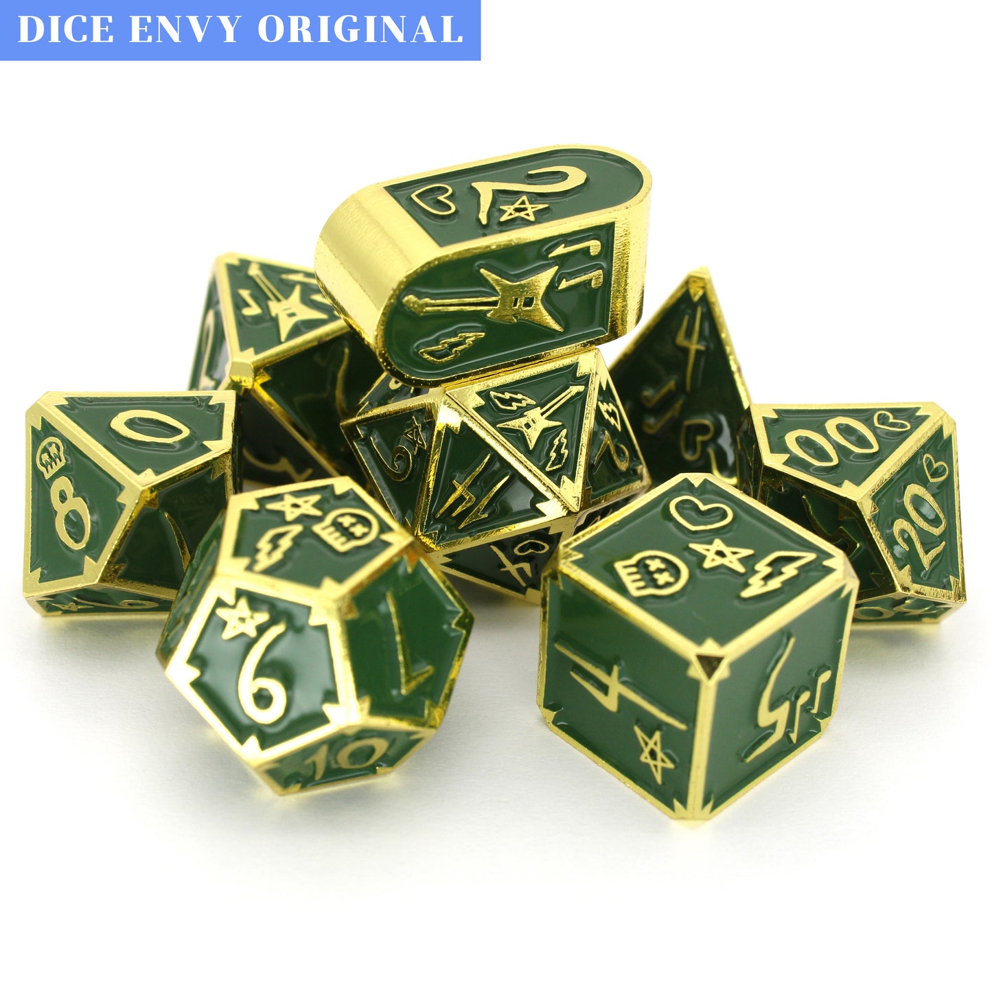 S8yr Boi is an 8-piece Dice Envy Original set in gold metal and green enamel, embellished with guitars and punk notebook marginalia.
