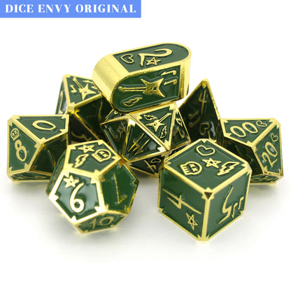 S8yr Boi is an 8-piece Dice Envy Original set in gold metal and green enamel, embellished with guitars and punk notebook marginalia.