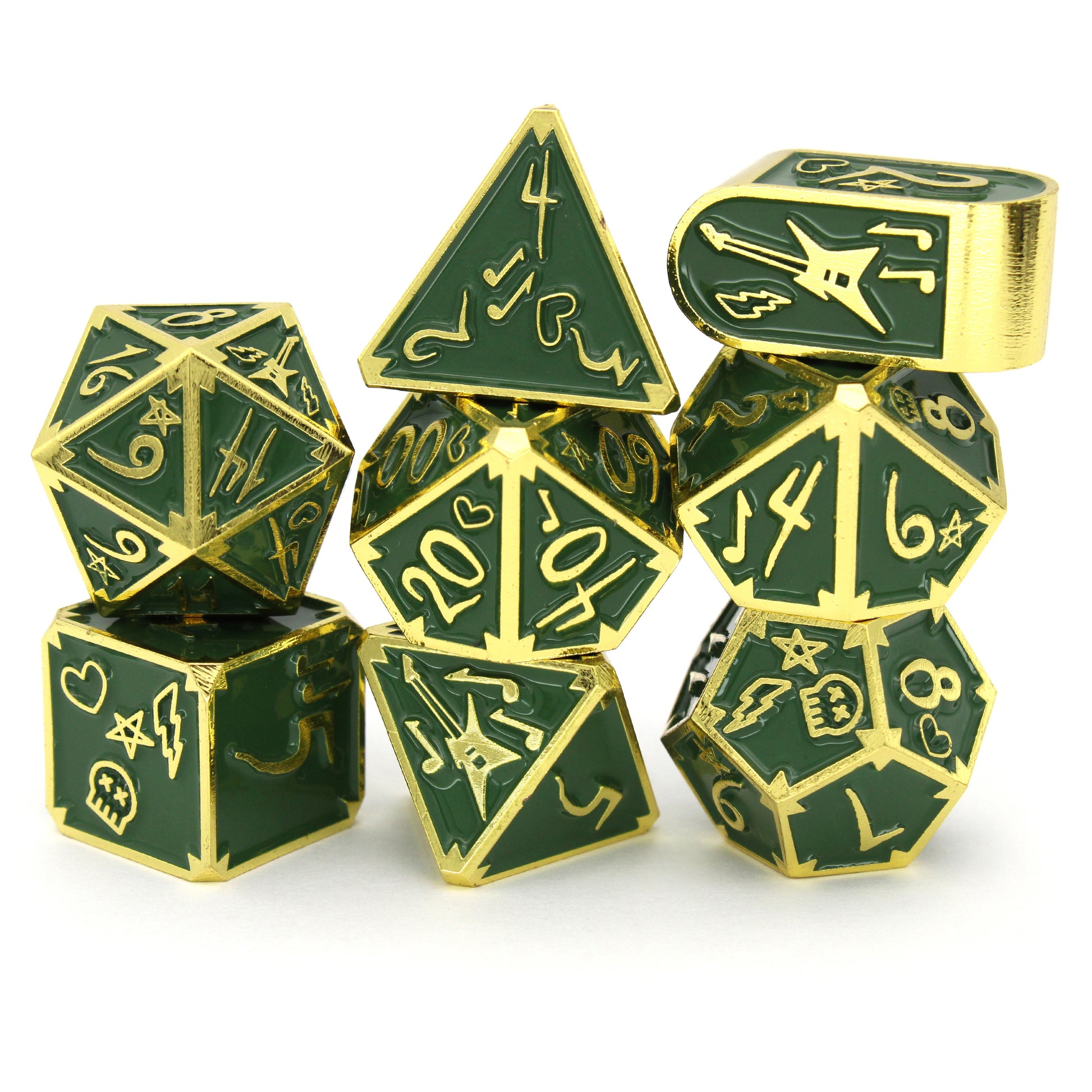 S8yr Boi is an 8-piece Dice Envy Original set in gold metal and green enamel, embellished with guitars and punk notebook marginalia.