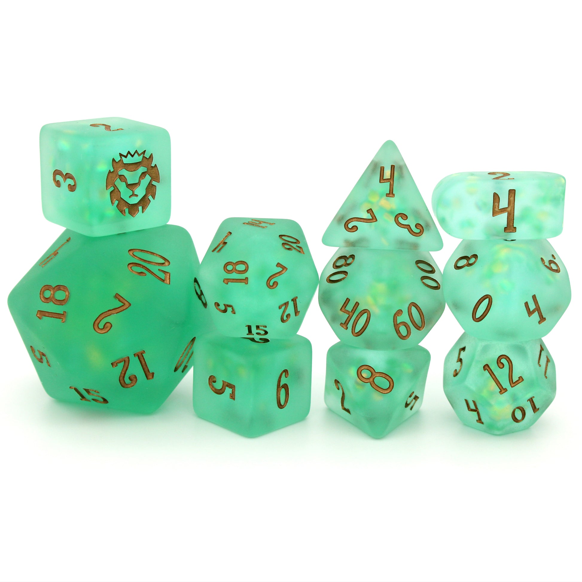 Sea Shanties is a 10-piece set of ocean green resin with magical iridescent scale inclusions and bronze ink.