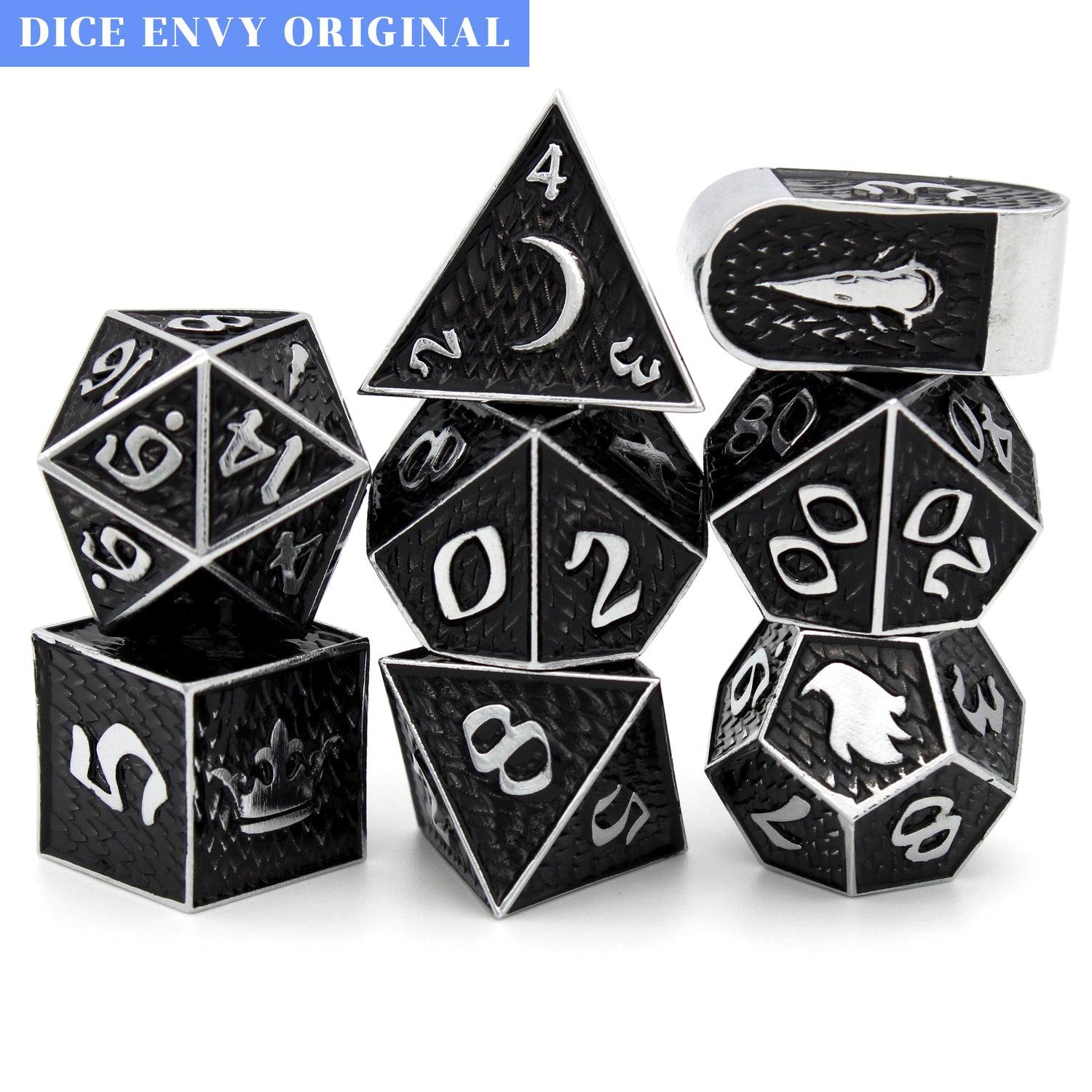 Shadowfell is an 8-piece Dice Envy exclusive set of silver metal dice in our Raven Queen mold, cloaked in shadowy black ink.