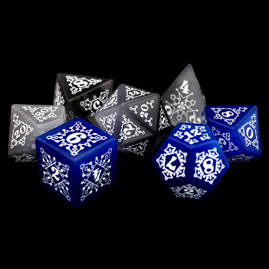 Shiver Stone is a 7-piece, blue and silver stone set in our exclusive Frost design, inked in white.