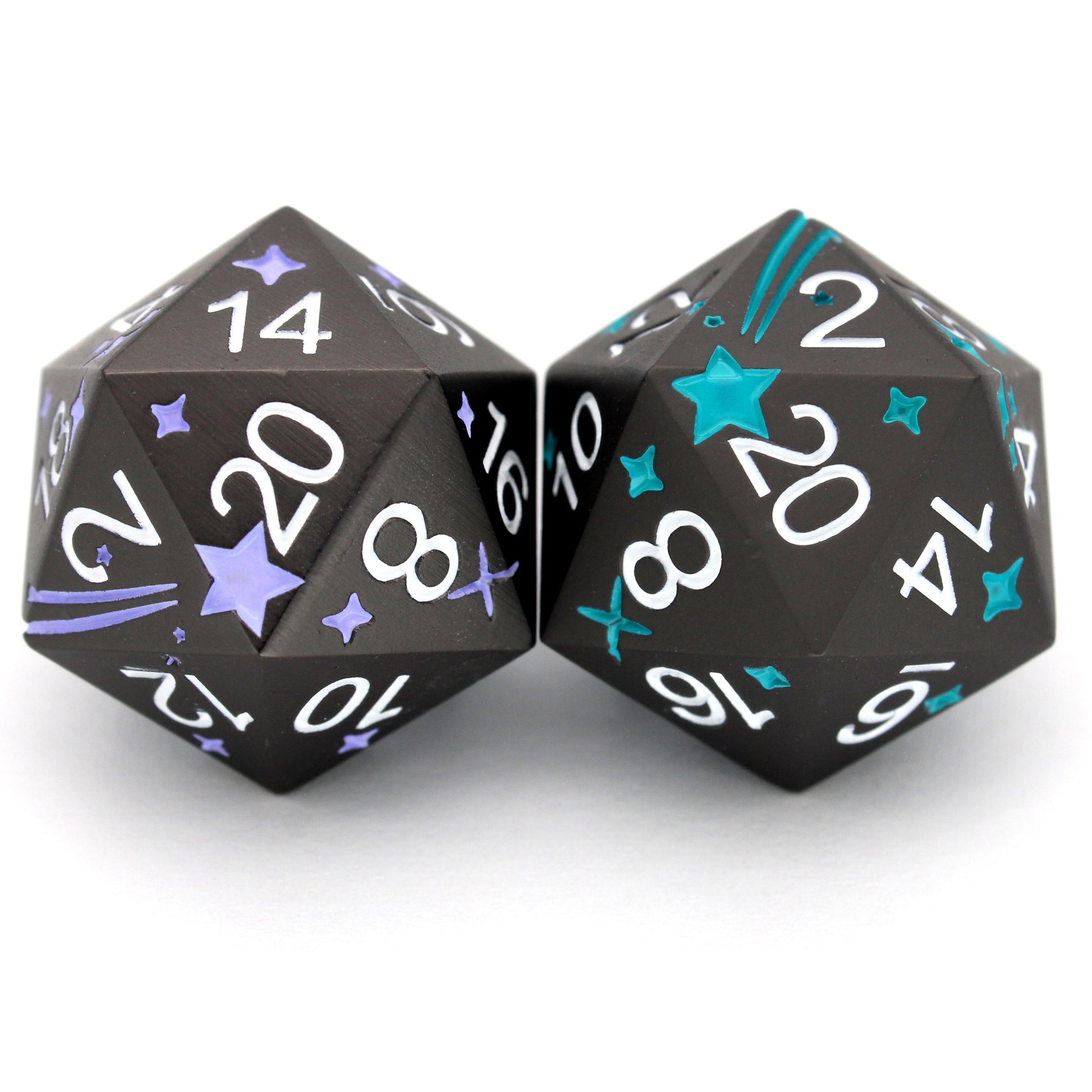 Shooting Stars is an 8-piece standard set of metal dice featuring stars, comets, and a contrasting d20 to give your wish advantage on coming true!