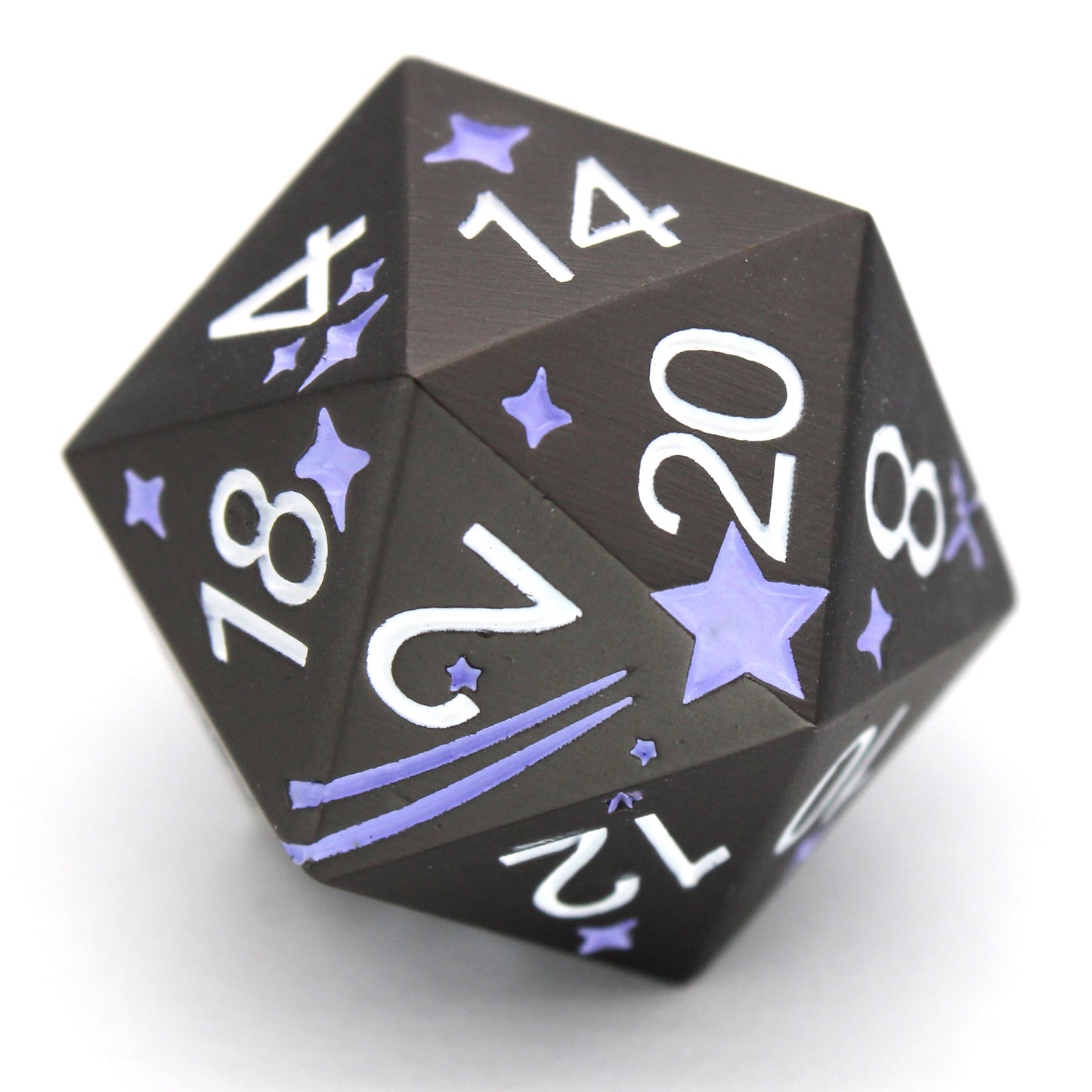 Shooting Stars is an 8-piece standard set of metal dice featuring stars, comets, and a contrasting d20 to give your wish advantage on coming true!