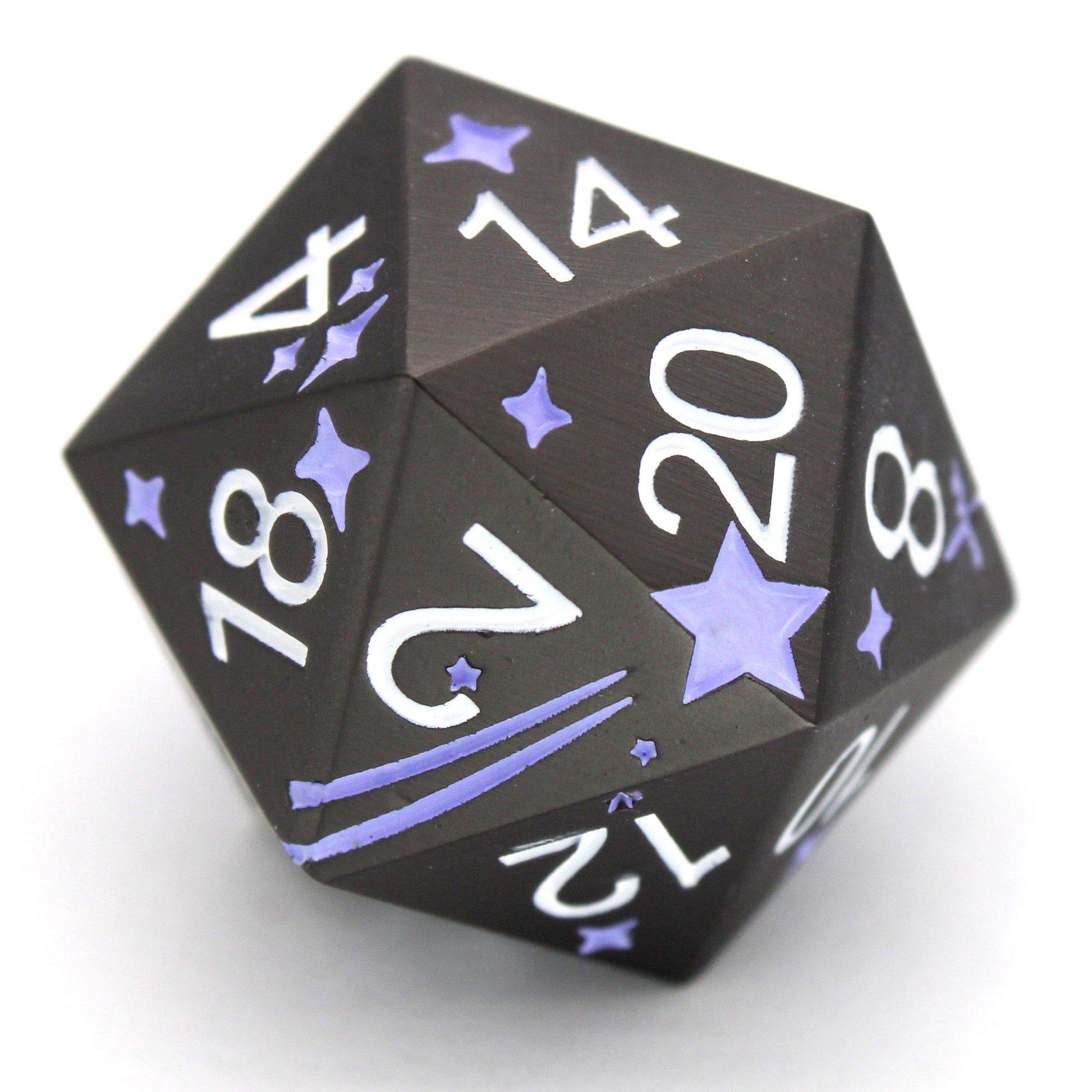 Shooting Stars is an 8-piece standard set of metal dice featuring stars, comets, and a contrasting d20 to give your wish advantage on coming true!
