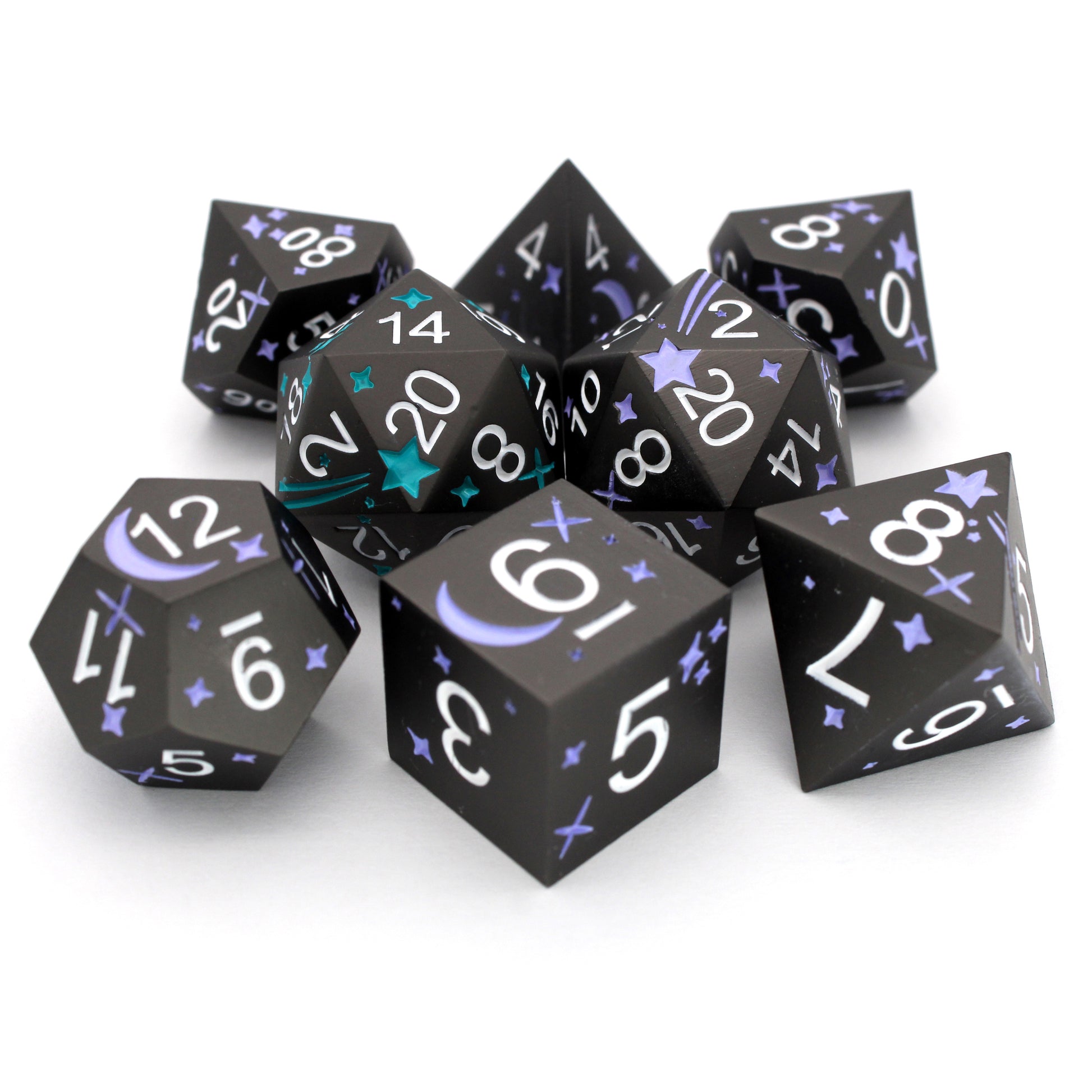 Shooting Stars is an 8-piece standard set of metal dice featuring stars, comets, and a contrasting d20 to give your wish advantage on coming true!