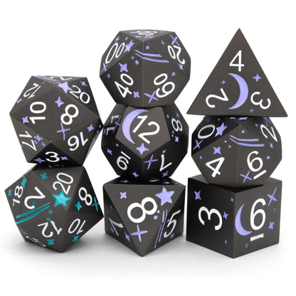Shooting Stars is an 8-piece standard set of metal dice featuring stars, comets, and a contrasting d20 to give your wish advantage on coming true!