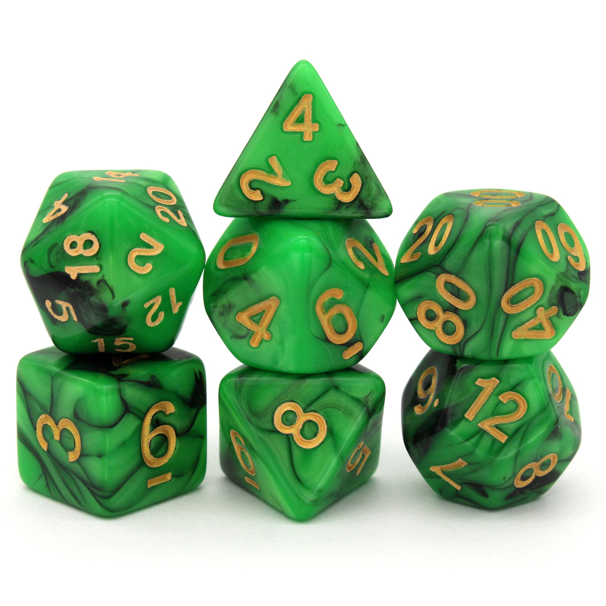 Smells Like Green Spirit is a 7-piece set of swirled green and black dice, inked in gold.