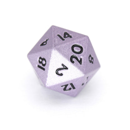Sneaks is a 7-piece set of shimmering, purple colored 10mm metal dice.