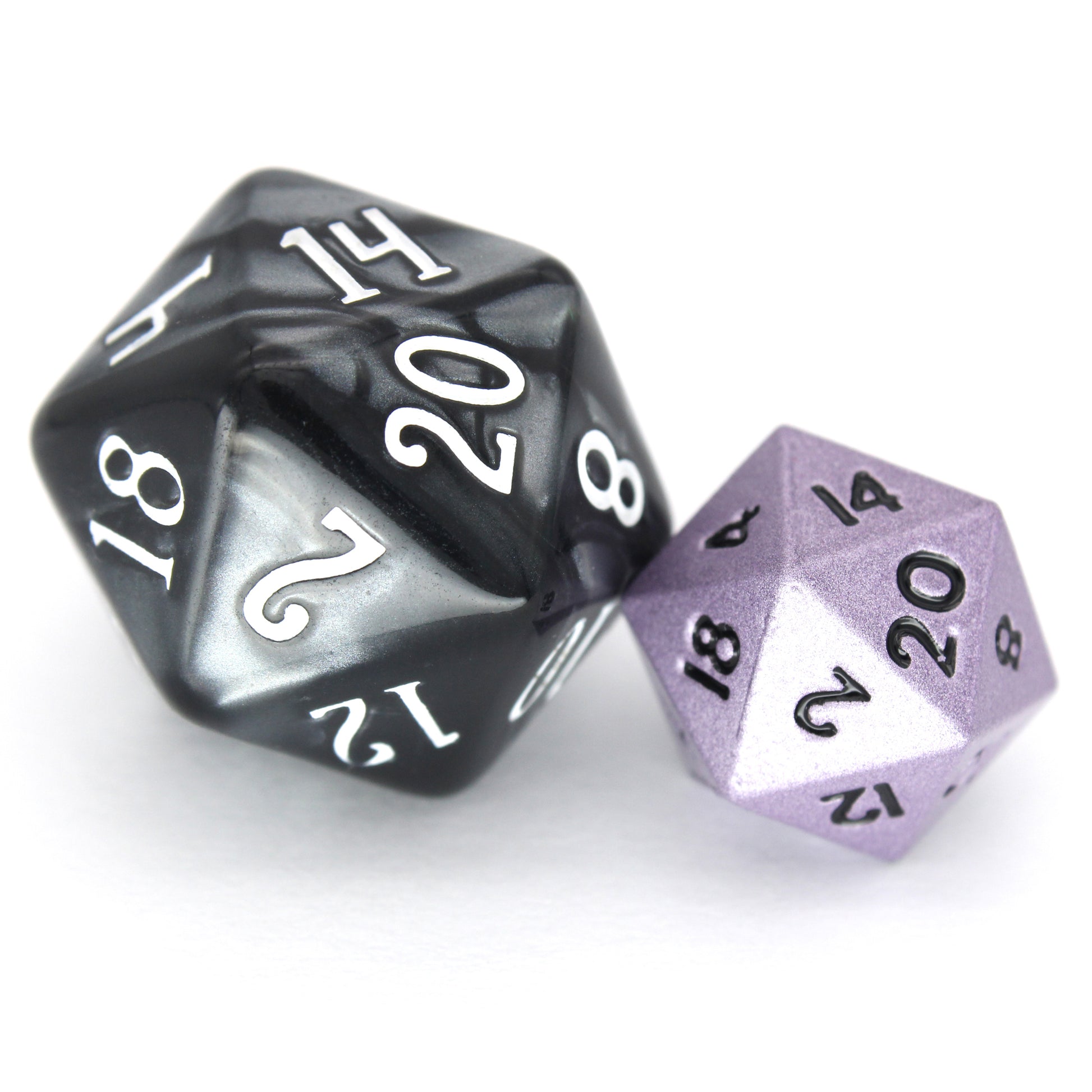 Sneaks is a 7-piece set of shimmering, purple colored 10mm metal dice.