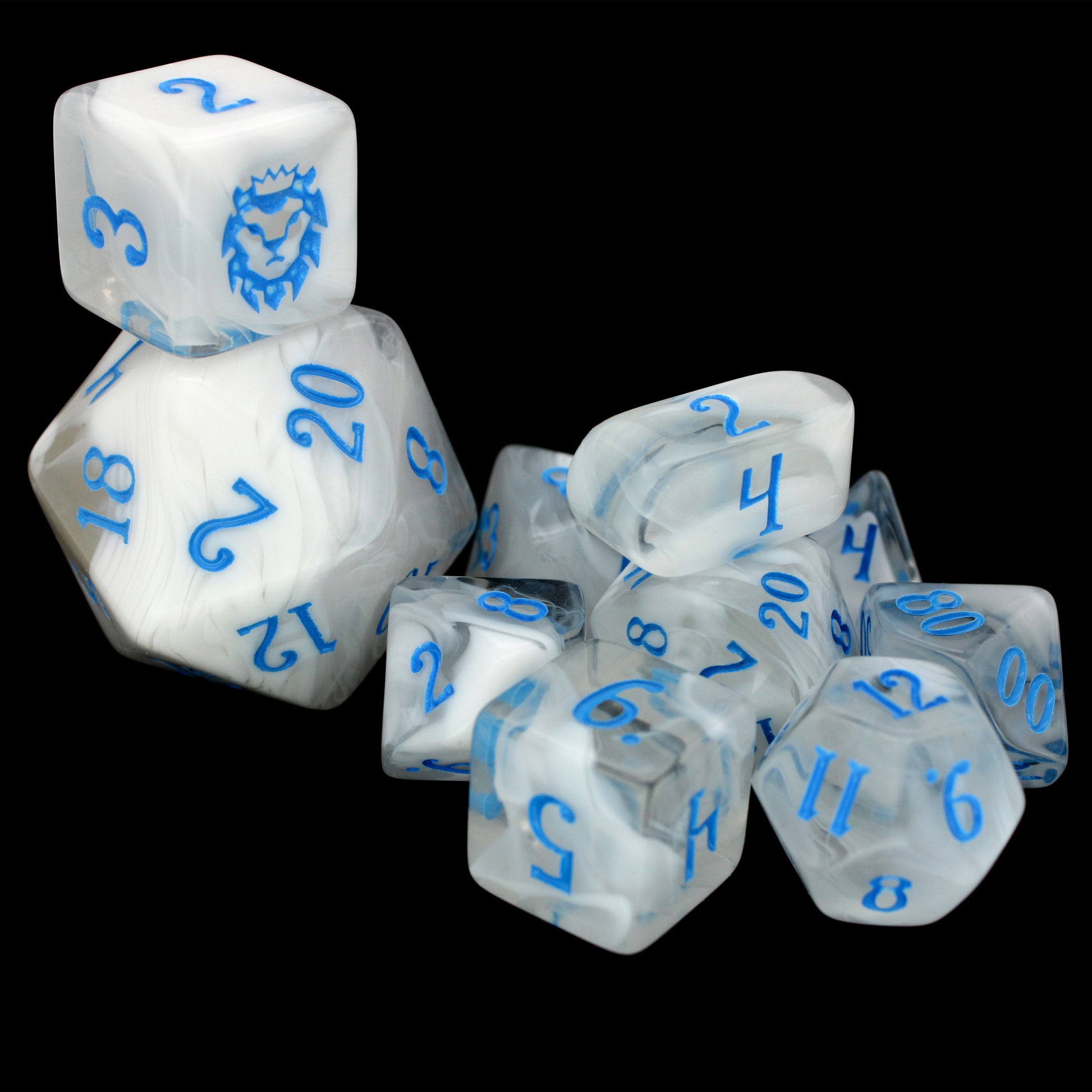 Snow Mercy is a 10-piece set of clear resin dice with swirls of frosty white, inked in blue.