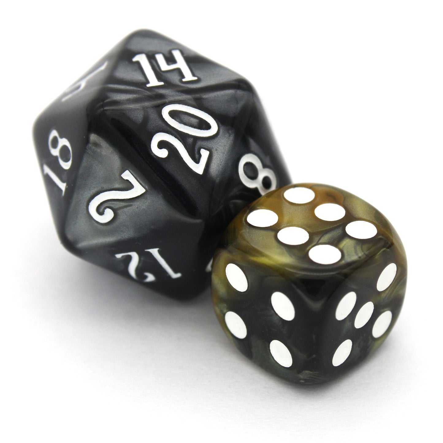 Soldier Drone is a 10-piece set of swirled black and yellow 12mm d6s, with pips inked in white. They are part of our Pip-Squeaks collection.