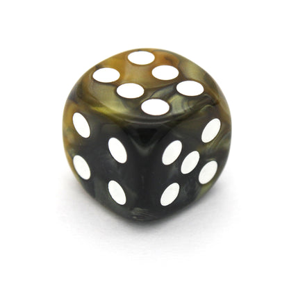 Soldier Drone is a 10-piece set of swirled black and yellow 12mm d6s, with pips inked in white. They are part of our Pip-Squeaks collection.