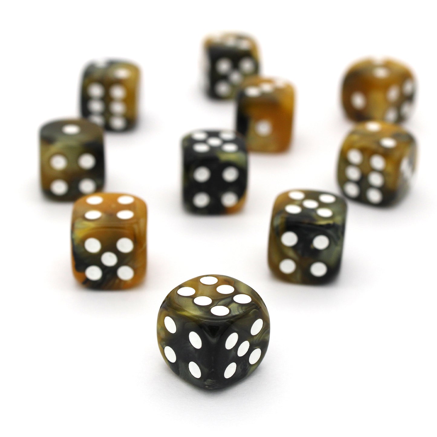 Soldier Drone is a 10-piece set of swirled black and yellow 12mm d6s, with pips inked in white. They are part of our Pip-Squeaks collection.