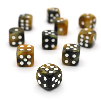 Soldier Drone is a 10-piece set of swirled black and yellow 12mm d6s, with pips inked in white. They are part of our Pip-Squeaks collection.