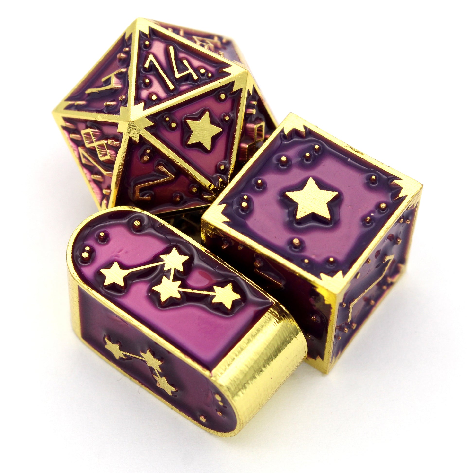 Starsurge is an 8-piece, bright gold metal set in our Dice Envy Original Star mold, filled with fuchsia purple enamel.