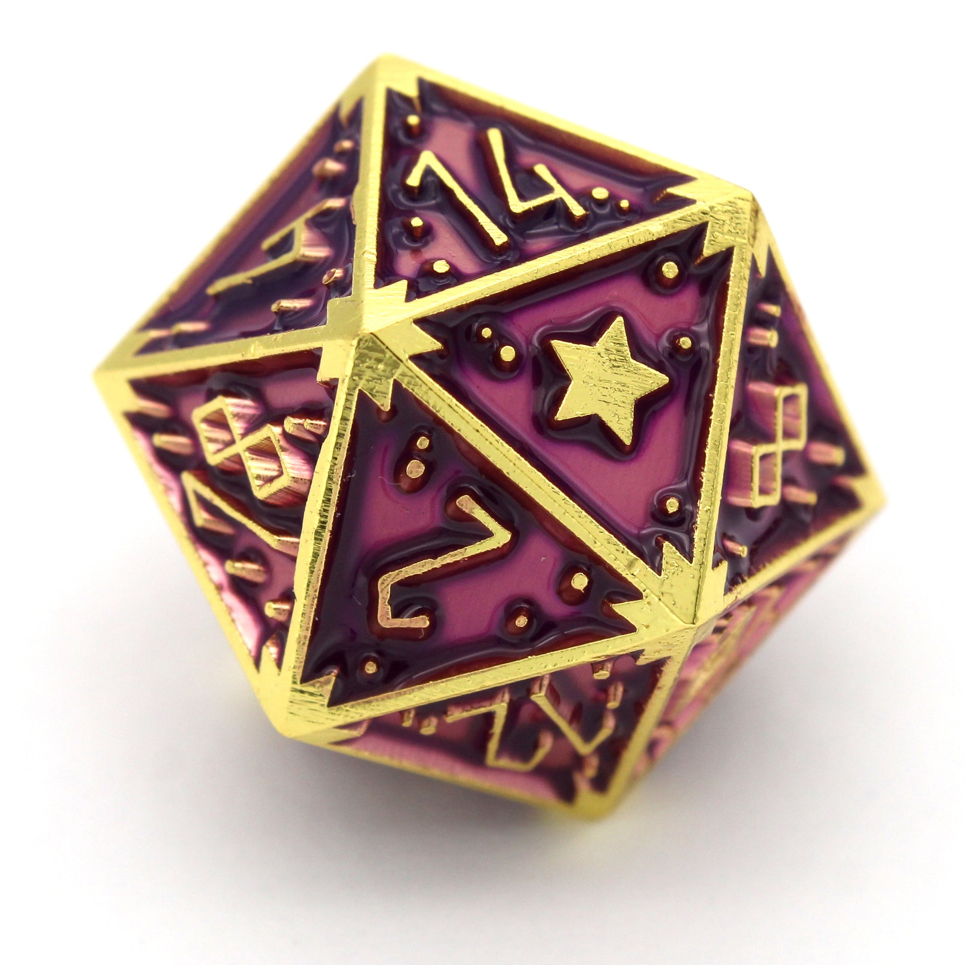 Starsurge is an 8-piece, bright gold metal set in our Dice Envy Original Star mold, filled with fuchsia purple enamel.