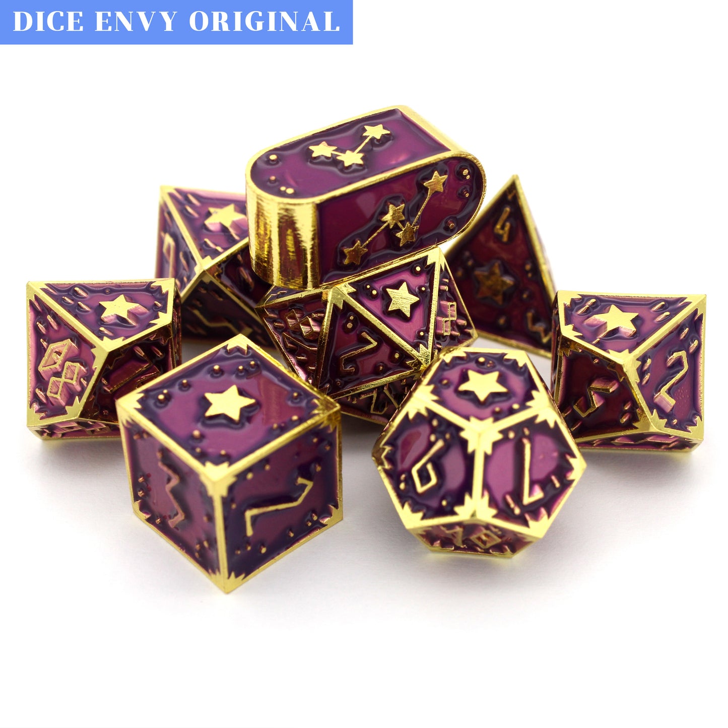 Starsurge is an 8-piece, bright gold metal set in our Dice Envy Original Star mold, filled with fuchsia purple enamel.