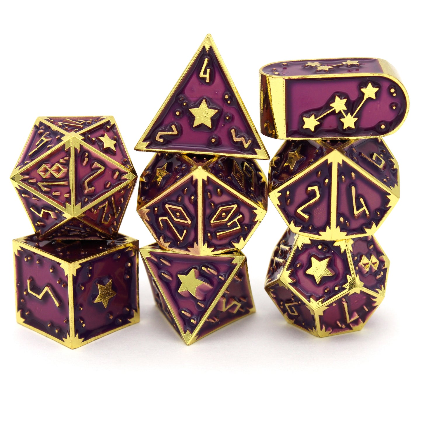Starsurge is an 8-piece, bright gold metal set in our Dice Envy Original Star mold, filled with fuchsia purple enamel.