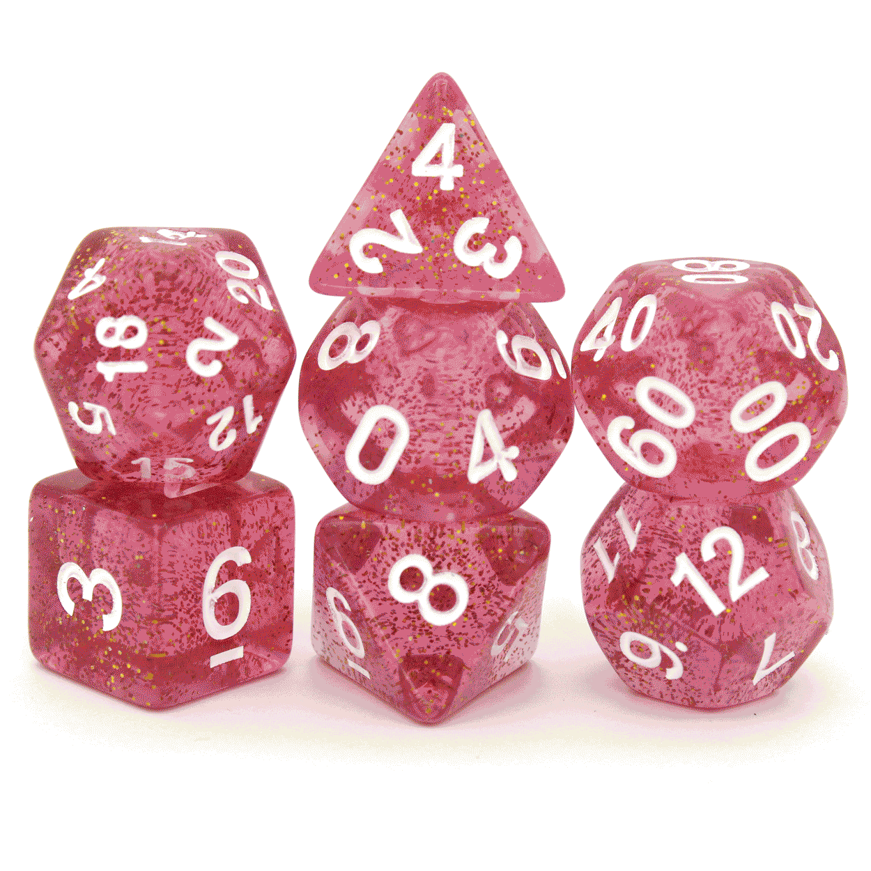 Mystery Starter Sets includes one of each of the following: d4, d6, d8, d10, d%, d12, d20. All dice sets are polymer and in the standard, 16mm size.