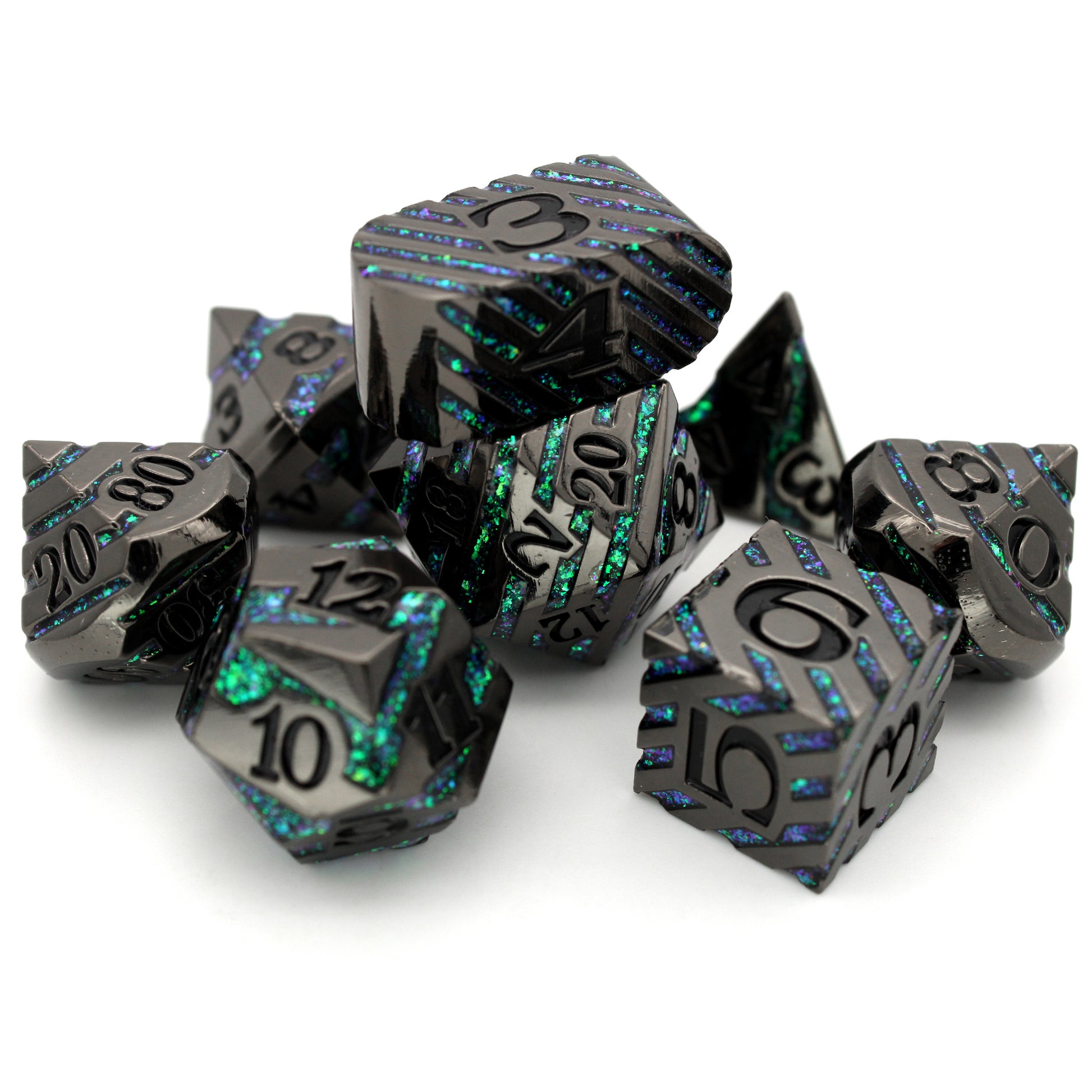 Street Creds is an 8-piece black metal set banded in a wraparound enamel fill of scintillating green. It is part of the Cyberpunk collection, sister to our Steampunk collection.