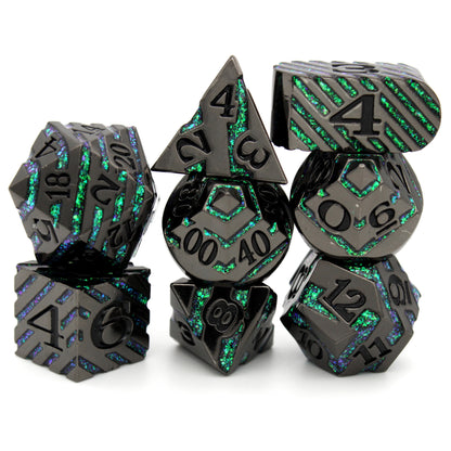 Street Creds is an 8-piece black metal set banded in a wraparound enamel fill of scintillating green. It is part of the Cyberpunk collection, sister to our Steampunk collection.