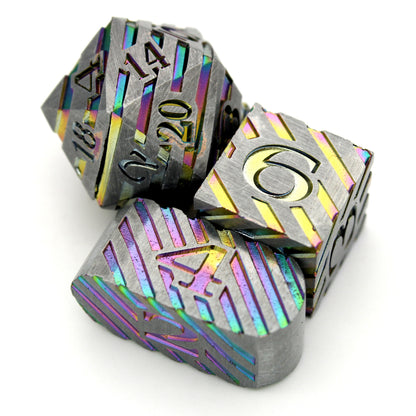 Stunlocked is an 8-piece set of silvery zinc dice, shot through with streaks of rainbow neochrome.