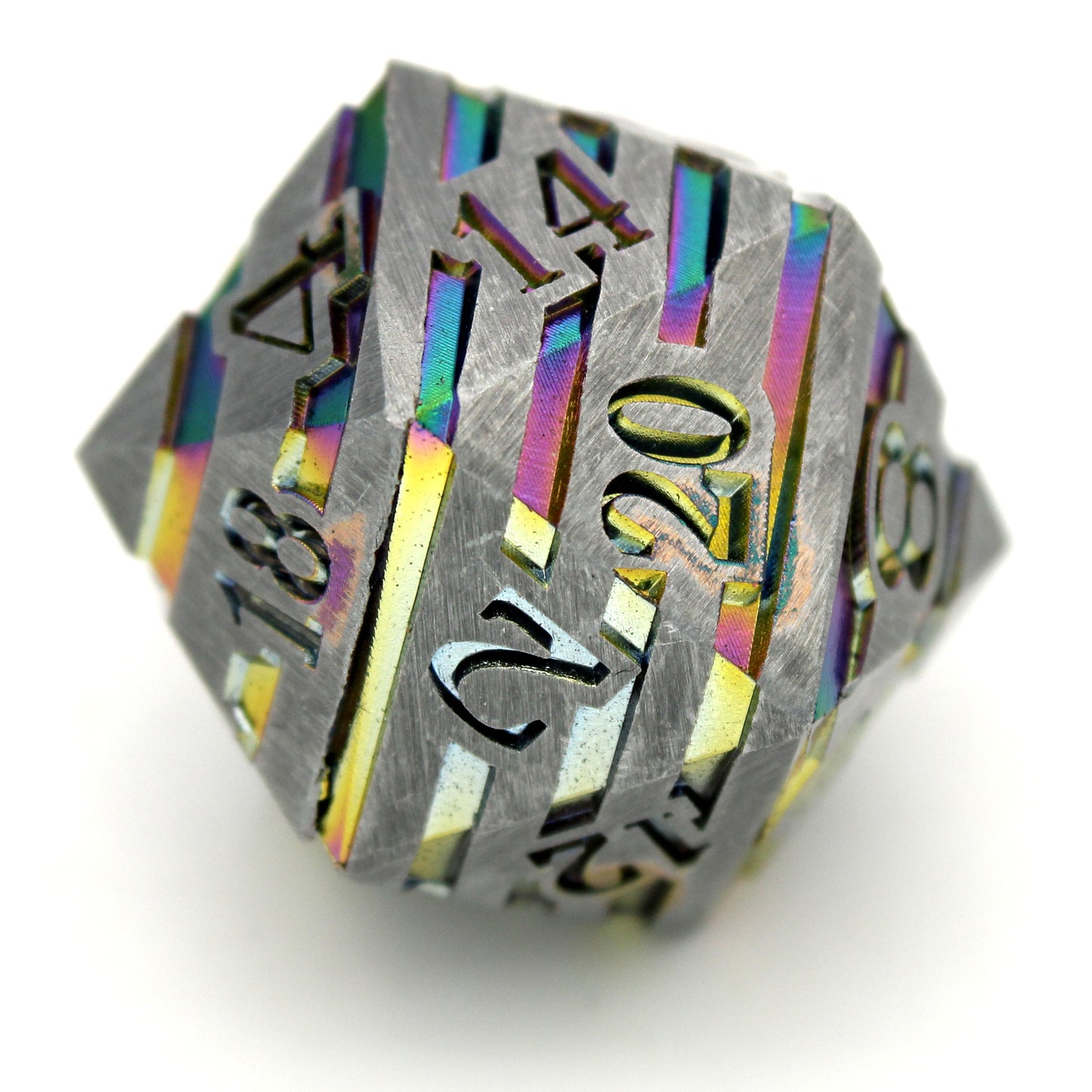 Stunlocked is an 8-piece set of silvery zinc dice, shot through with streaks of rainbow neochrome.