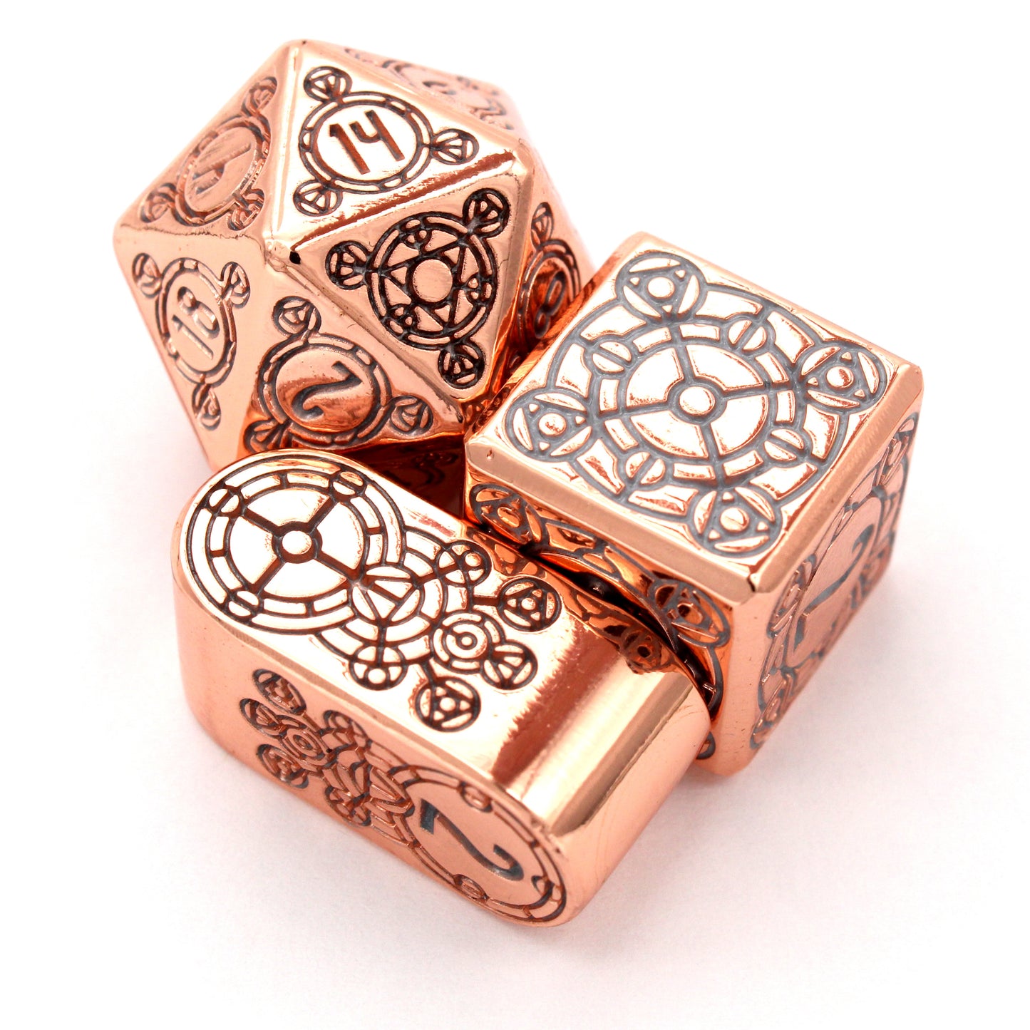 Sunlight Sigil is a Dice Envy Original 8-piece set of highly polished, rose gold metal dice in our Sigil mold, inked in silver.