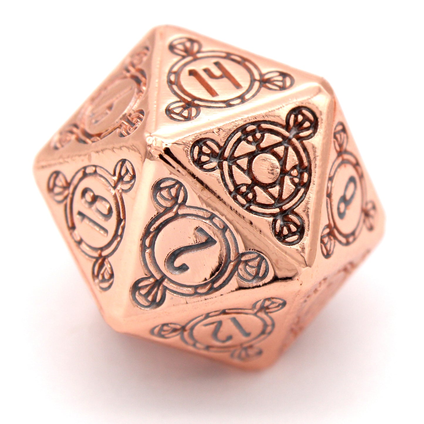Sunlight Sigil is a Dice Envy Original 8-piece set of highly polished, rose gold metal dice in our Sigil mold, inked in silver.