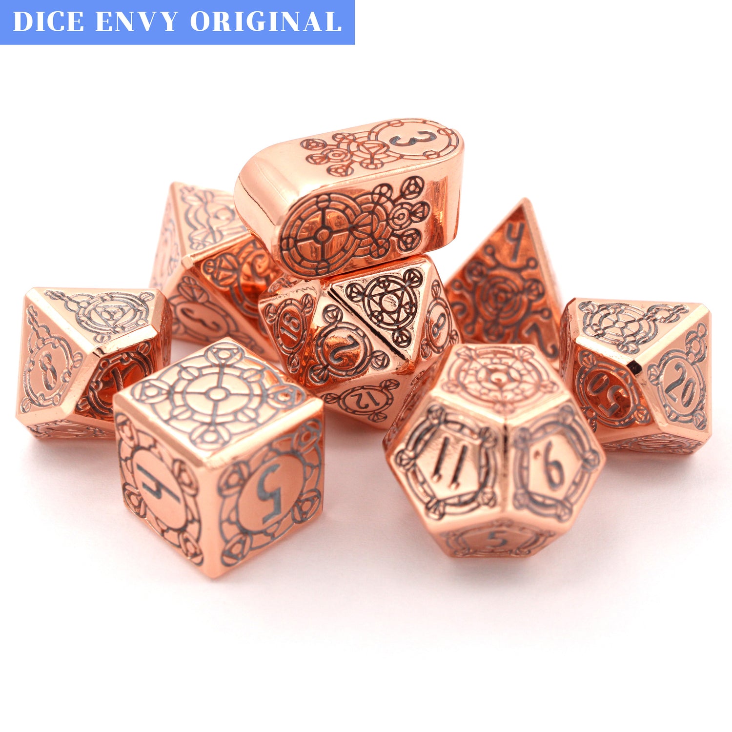 Sunlight Sigil is a Dice Envy Original 8-piece set of highly polished, rose gold metal dice in our Sigil mold, inked in silver.