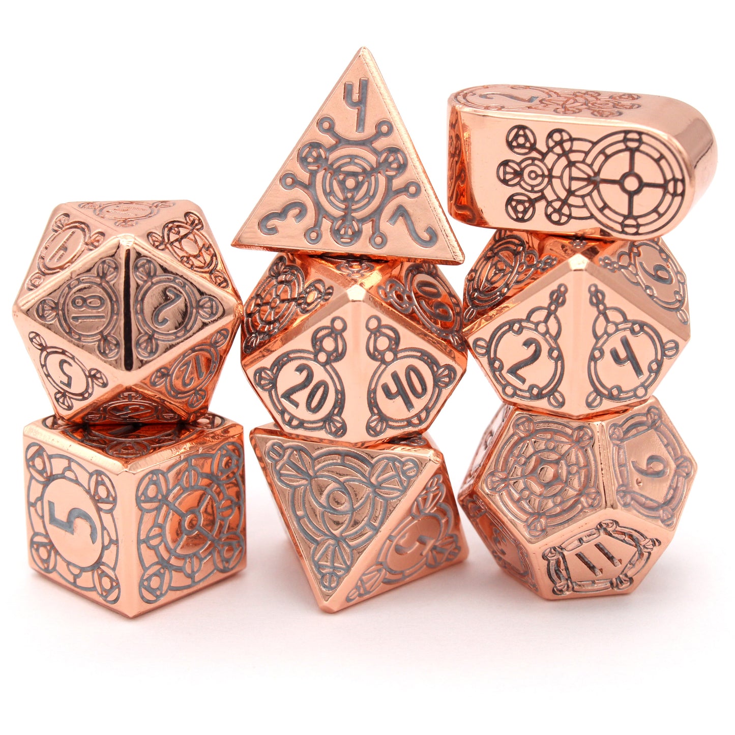 Sunlight Sigil is a Dice Envy Original 8-piece set of highly polished, rose gold metal dice in our Sigil mold, inked in silver.