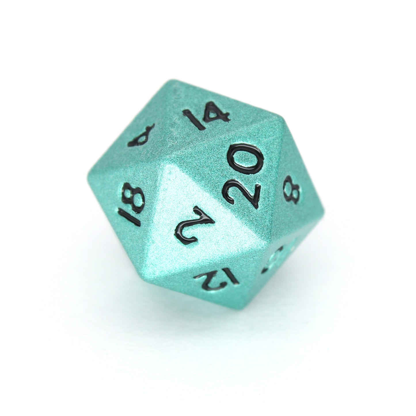 Swabbies is a 7-piece set of shimmering, turquoise colored 10mm metal dice.