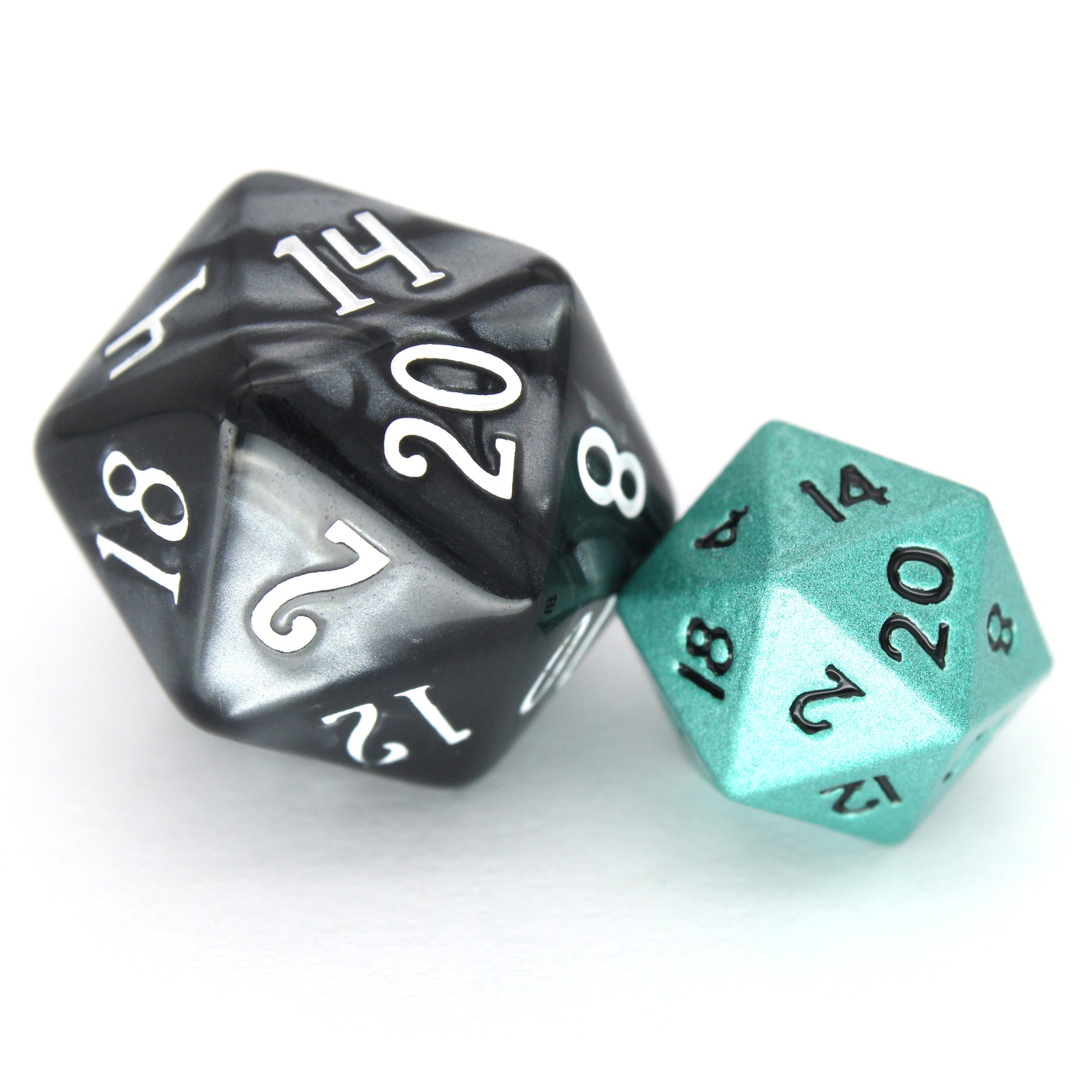Swabbies is a 7-piece set of shimmering, turquoise colored 10mm metal dice.