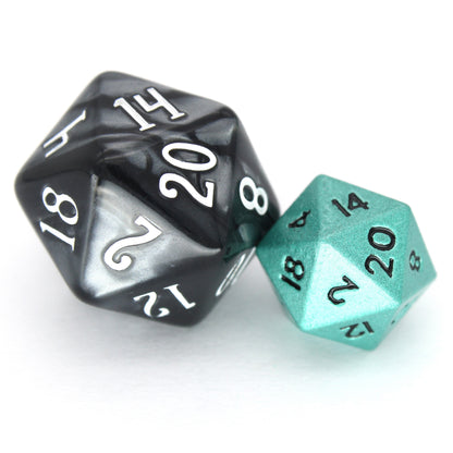 Swabbies is a 7-piece set of shimmering, turquoise colored 10mm metal dice.
