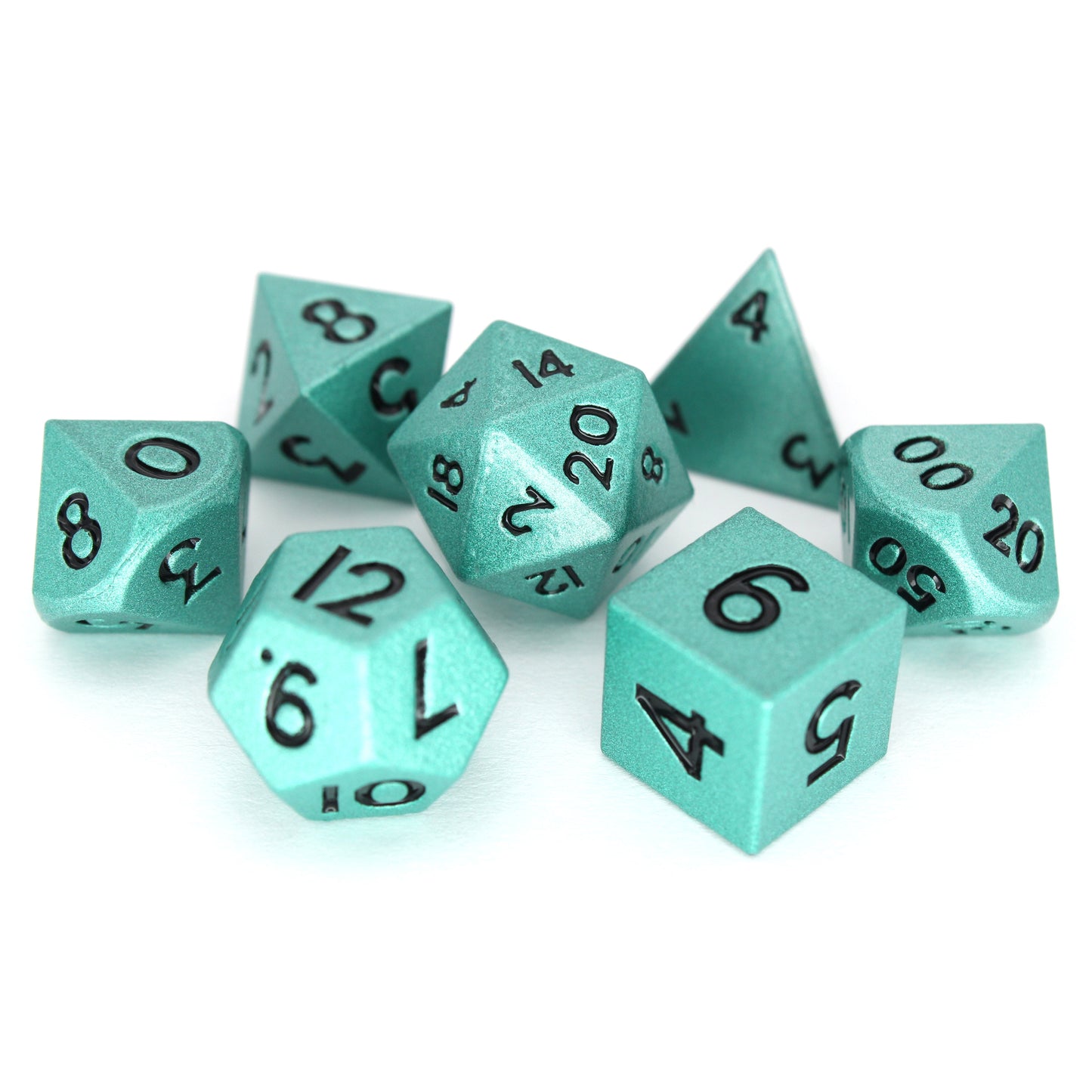Swabbies is a 7-piece set of shimmering, turquoise colored 10mm metal dice.