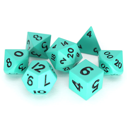 Sylphs is a 7-piece set of matte, cyan colored 10mm metal dice.