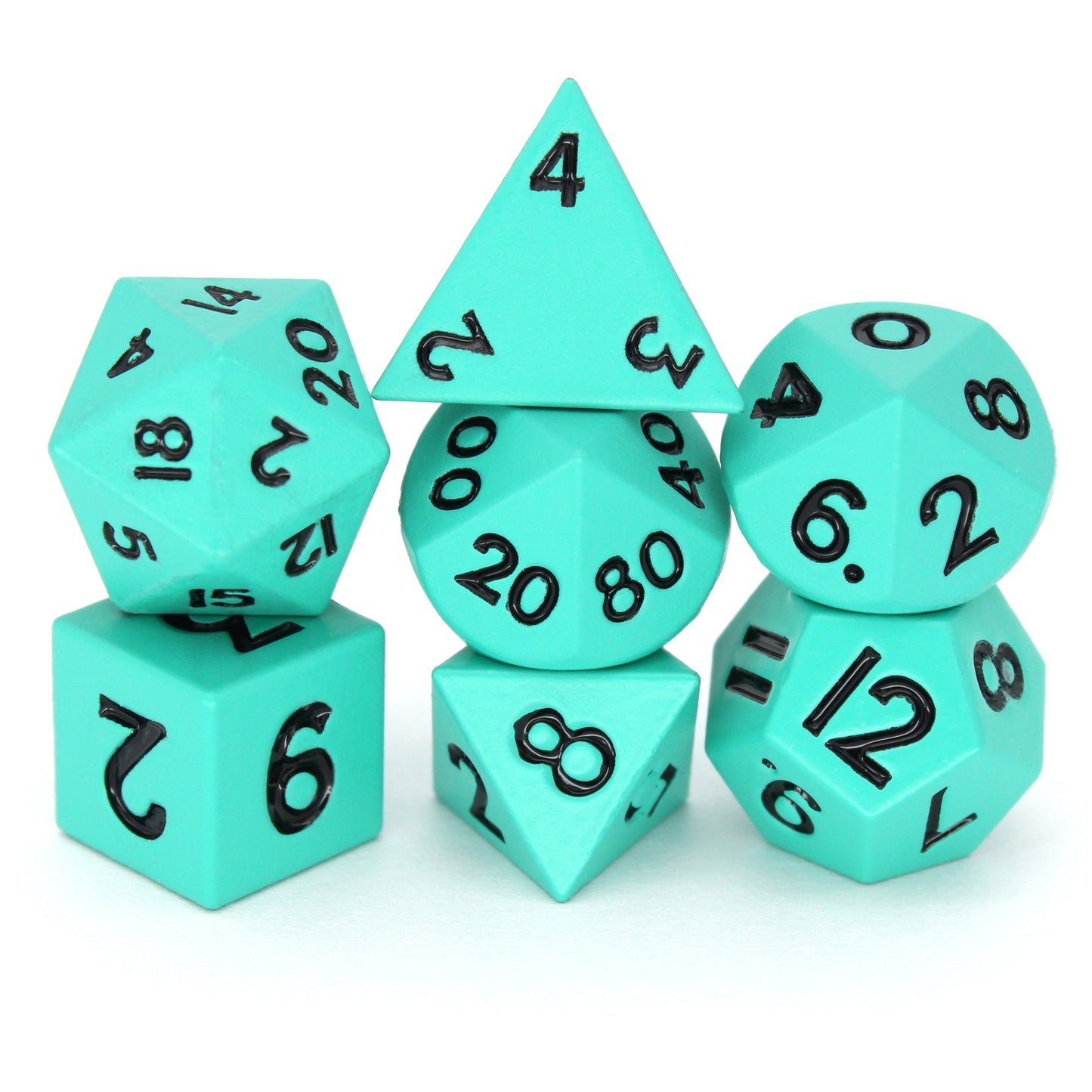 Sylphs is a 7-piece set of matte, cyan colored 10mm metal dice.