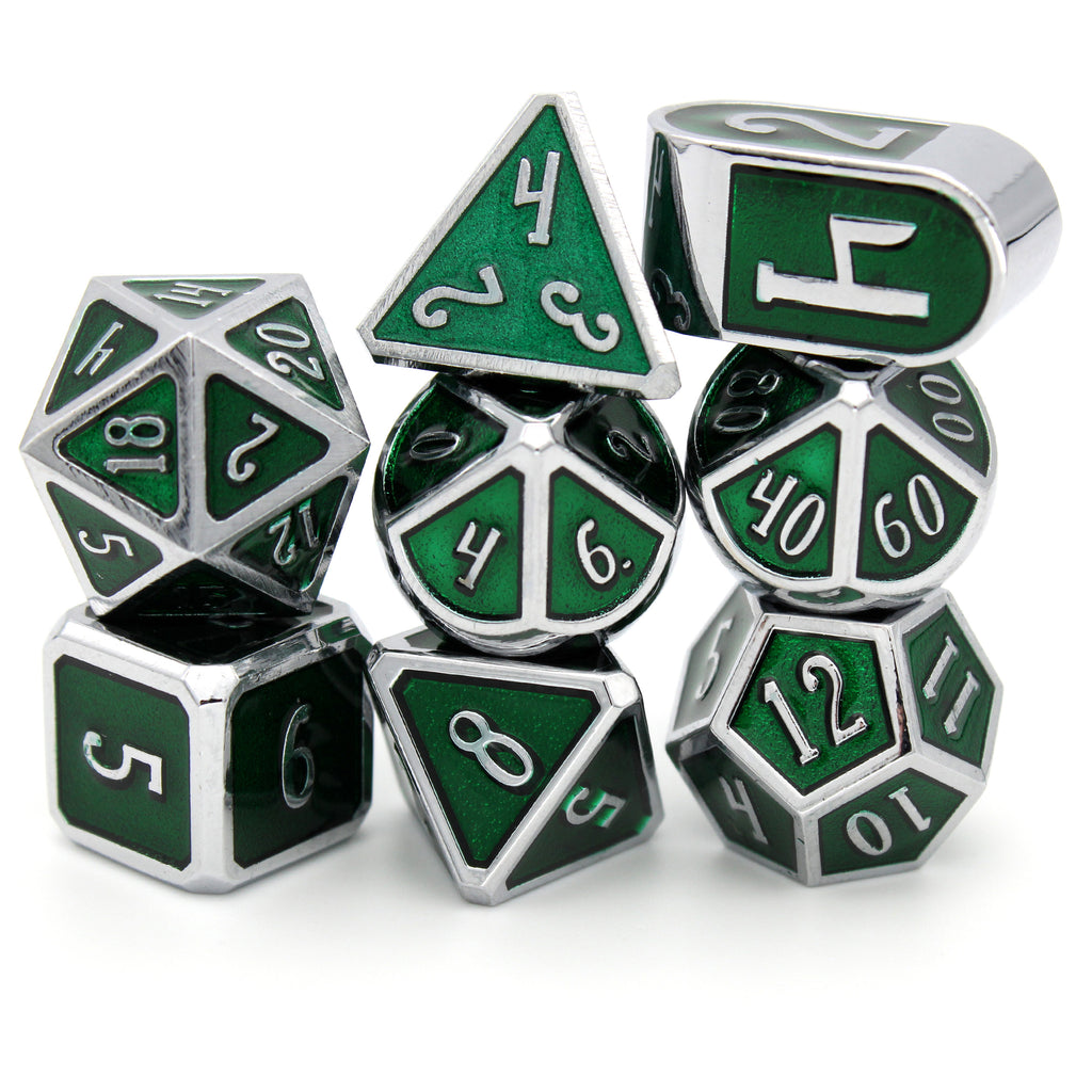 The Green Hunter is an 8-piece silver framed metal set filled with a rich forest green enamel.
