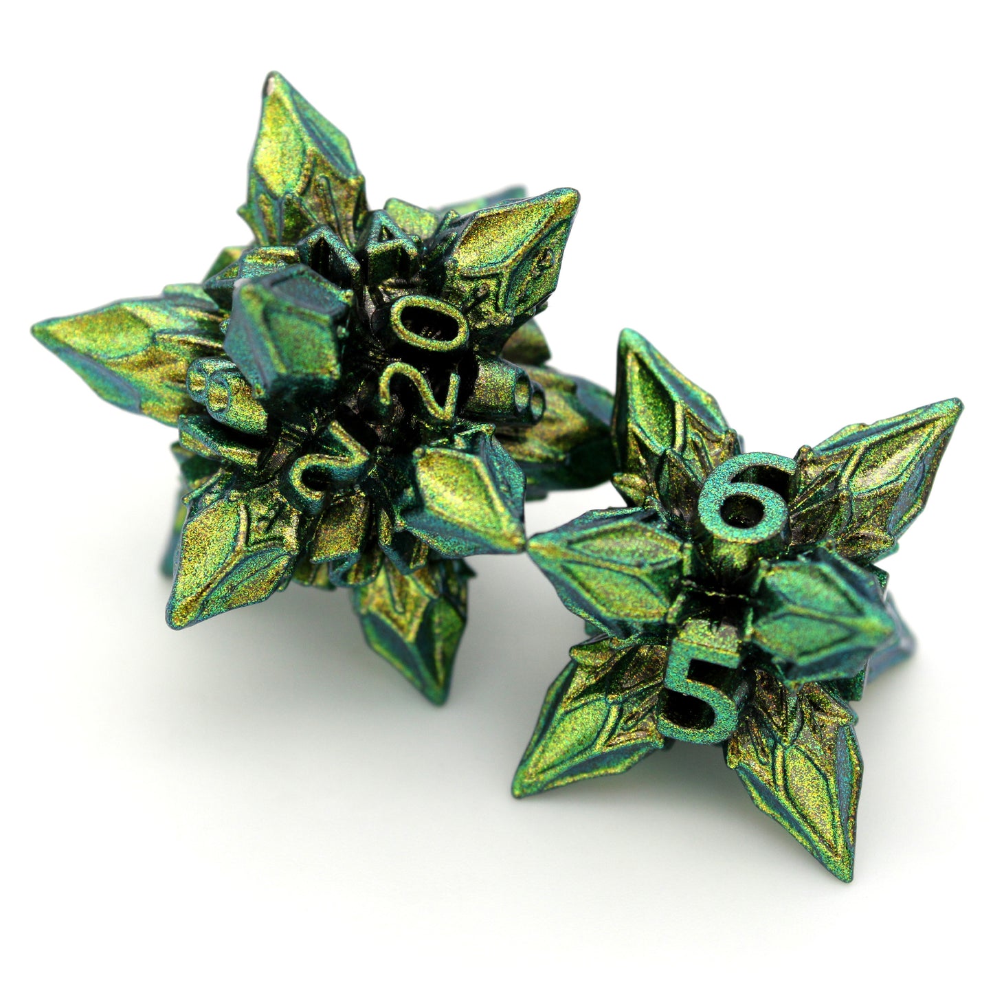 Thorn Whip is a 7-piece set of green and gold color-shifting, extraordinarily pointy metal dice. Roll with care.