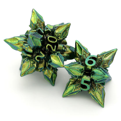 Thorn Whip is a 7-piece set of green and gold color-shifting, extraordinarily pointy metal dice. Roll with care.