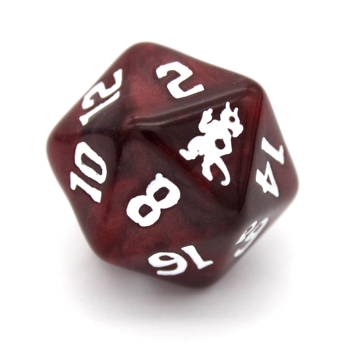 Three Kobolds is a 9-piece swirled&nbsp;red resin set engraved with articles of clothing inked in bright white. Included are 3 d6 that form a totally normal dragonborn in a wig and winter coat.