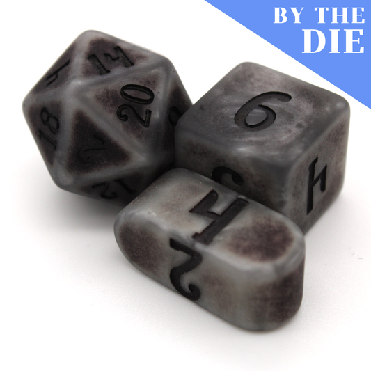 Tombstone (by the die) individual dice are stone-colored acrylic with a matte finish and darkened center pattern. A stony part of our Monstrous Elements collection!