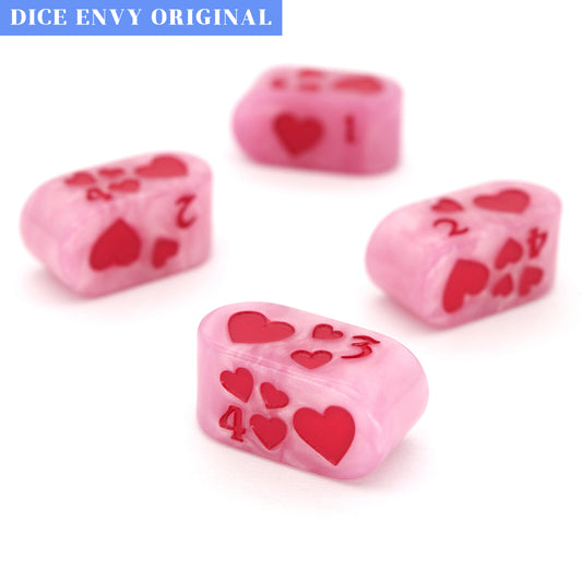 Toon Hearts - Tyranny are pearly pink Dice Envy Original Infinity d4s inked in demonic fuchsia. Each one measures 12mm x 24mm.