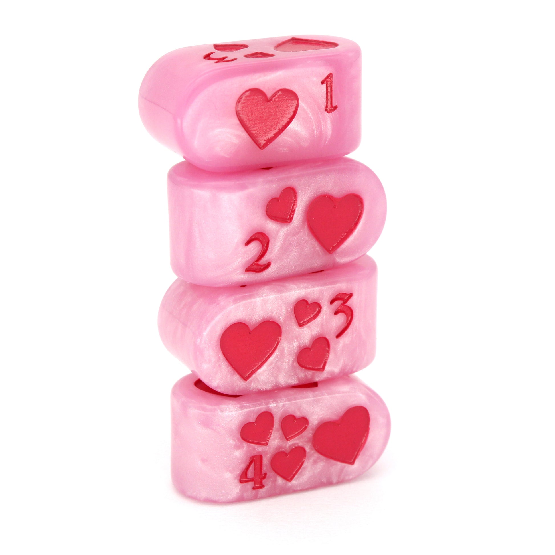 Toon Hearts - Tyranny are pearly pink Dice Envy Original Infinity d4s inked in demonic fuchsia. Each one measures 12mm x 24mm.