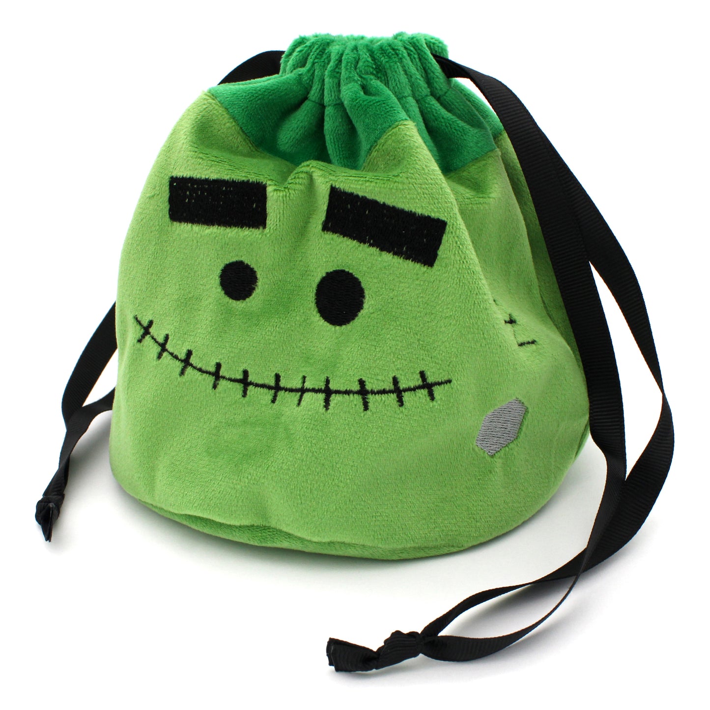 Each Trick or Treat Mystery Bag contains a selection of spooky delights, including 3 full sets of dice, as well as an assortment of goodies, all held in a plush Franken-pouch.