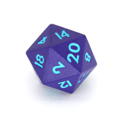 Tricksters is a 7-piece set of matte, purple colored 10mm metal dice with bright blue inking.
