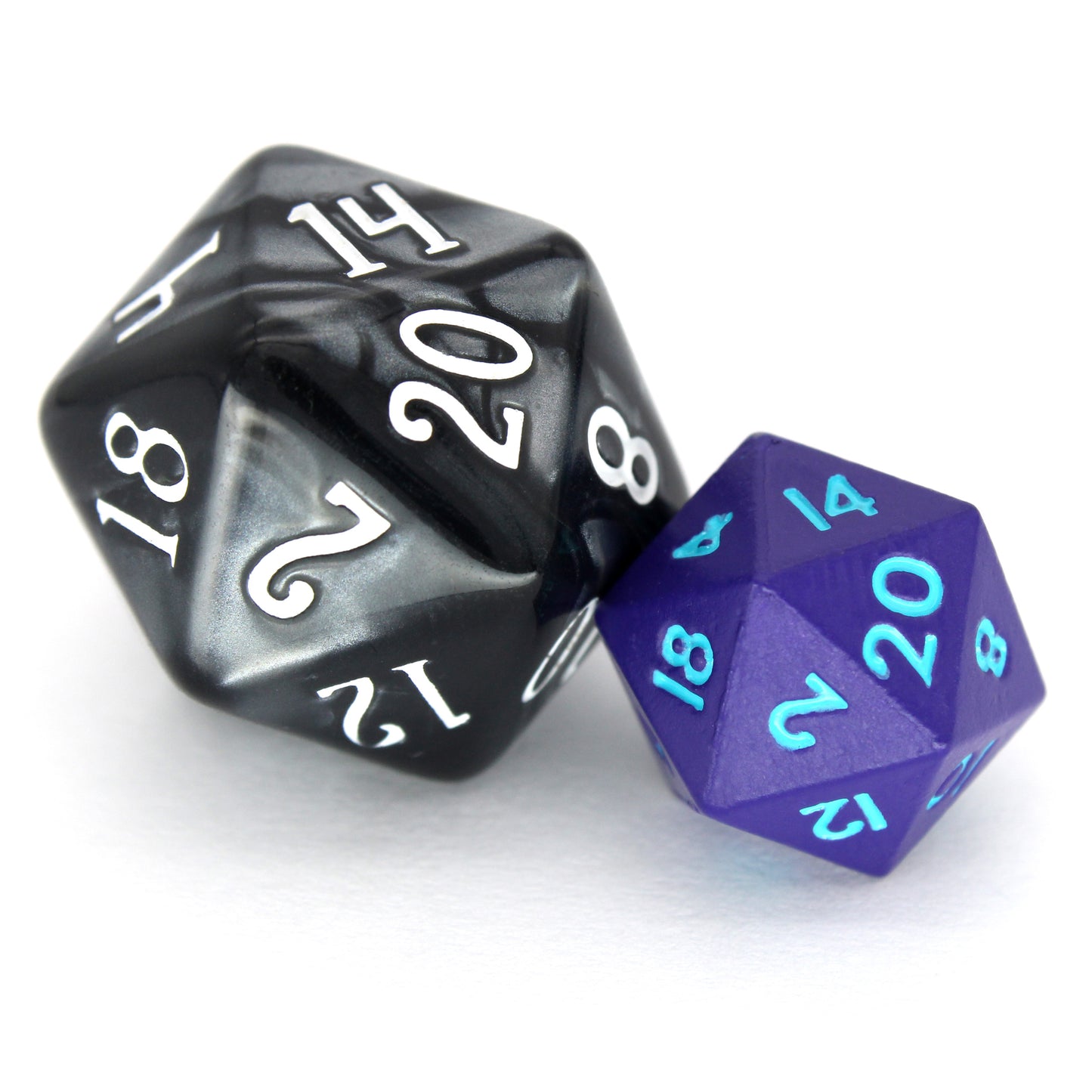 Tricksters is a 7-piece set of matte, purple colored 10mm metal dice with bright blue inking.
